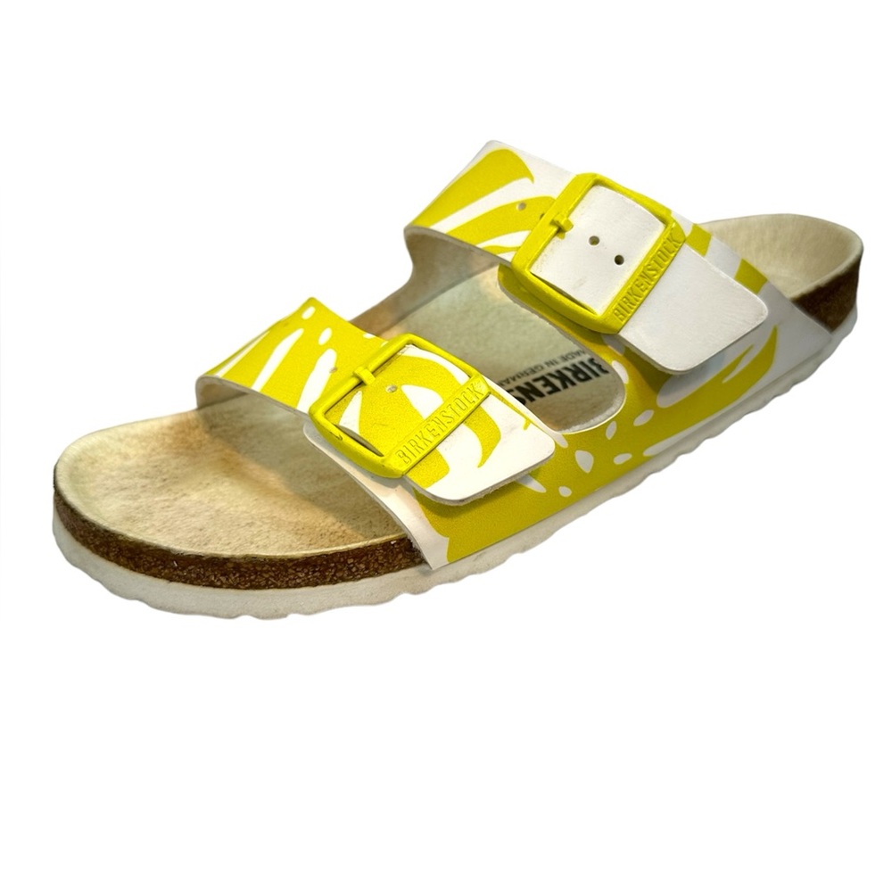 Birkenstocks Birko Flor White Yellow Rare Two Strap Printed Sandals Size 40 US 9